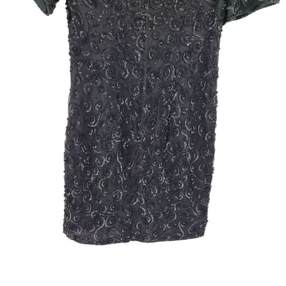 Vintage 80's Niteline Dress Silk Formal Black Swirl Sequin Beaded Short Sleeve 4 - Picture 9 of 11